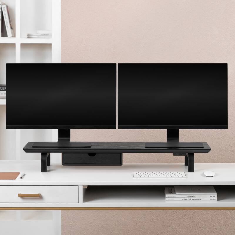 Jani Wood Monitor Stand Riser Desk - Ergonomic Design Stand, Desktop Organizer Table for Home, Office Workspace, Gaming Desk - Black