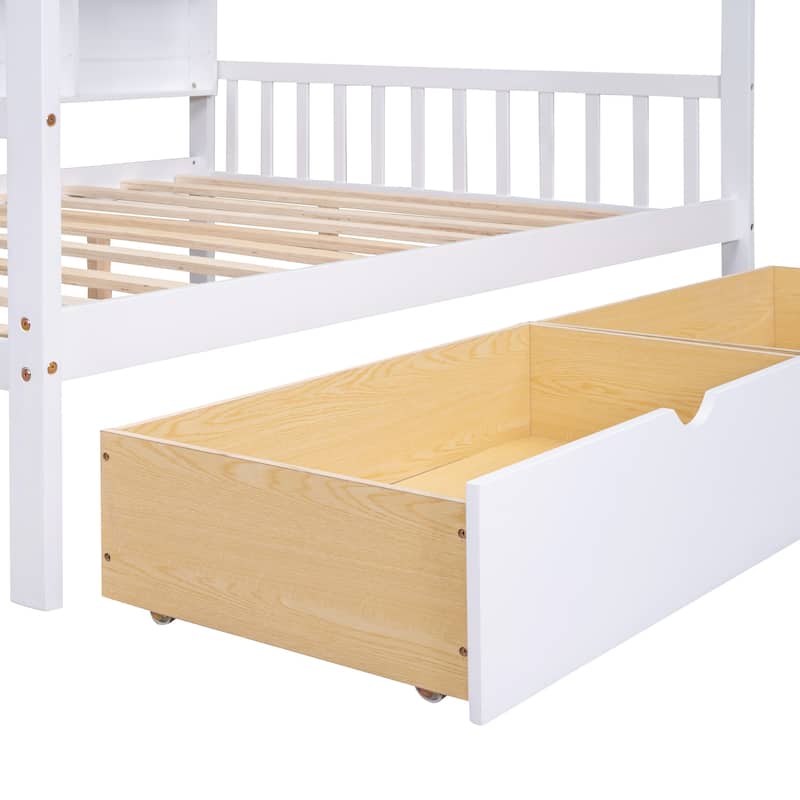 Wooden House Bed with 2 Drawers, 8 Storage Shelf, Kids Bed