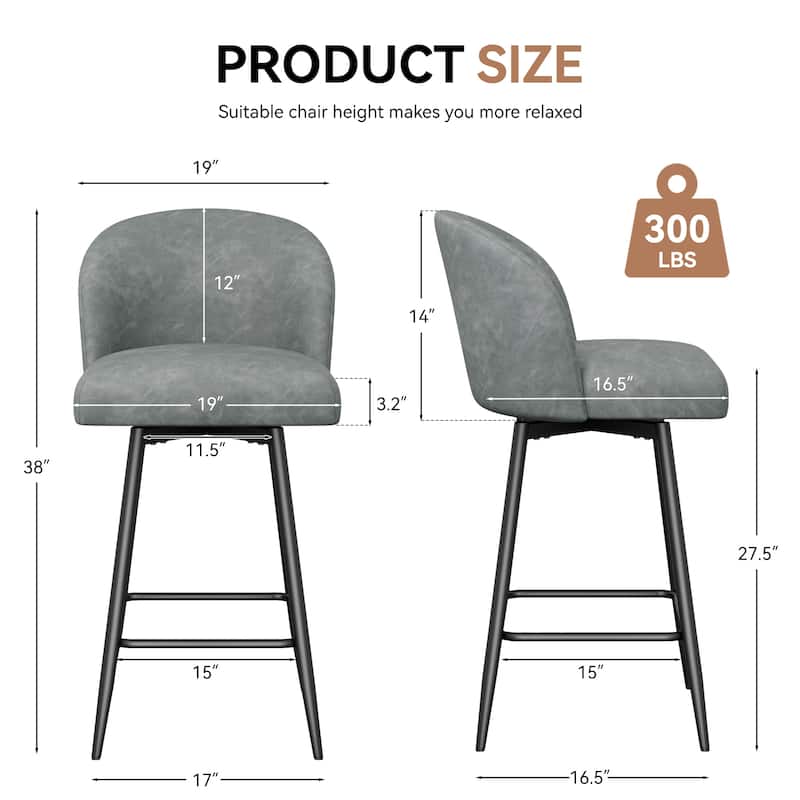 Counter Height Bar Stools Set of 2,360° Swivel Barstools with High Back and Metal Legs,26" Seat Height