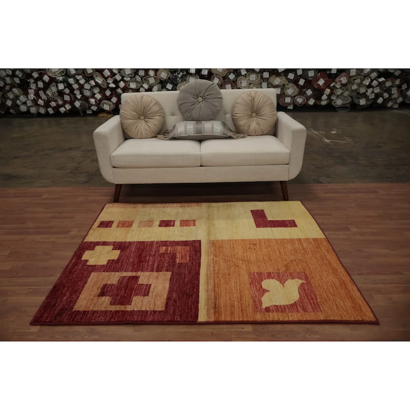 Hand Knotted Oriental 100% Wool Carpet Modern Geometric Yellow & Gold Gabbeh Area Rug - 5' 5'' X 4' 7''