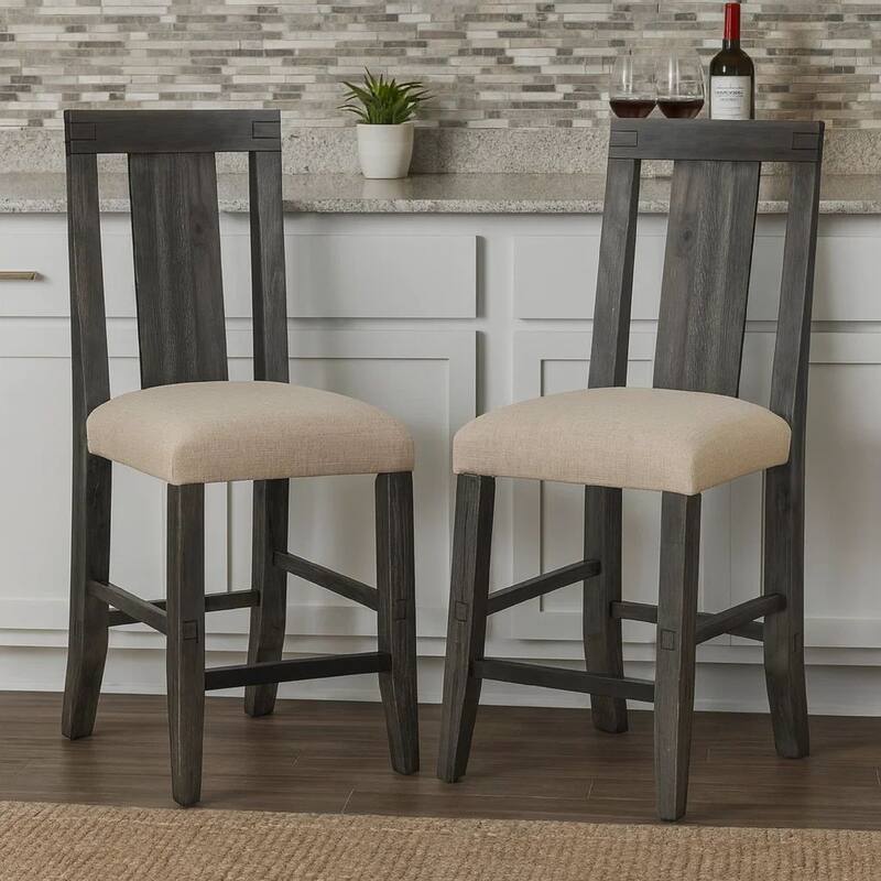 43 Inch Pim Acacia Wood Counter Stool, Panel Back Design, Set of 2, Gray