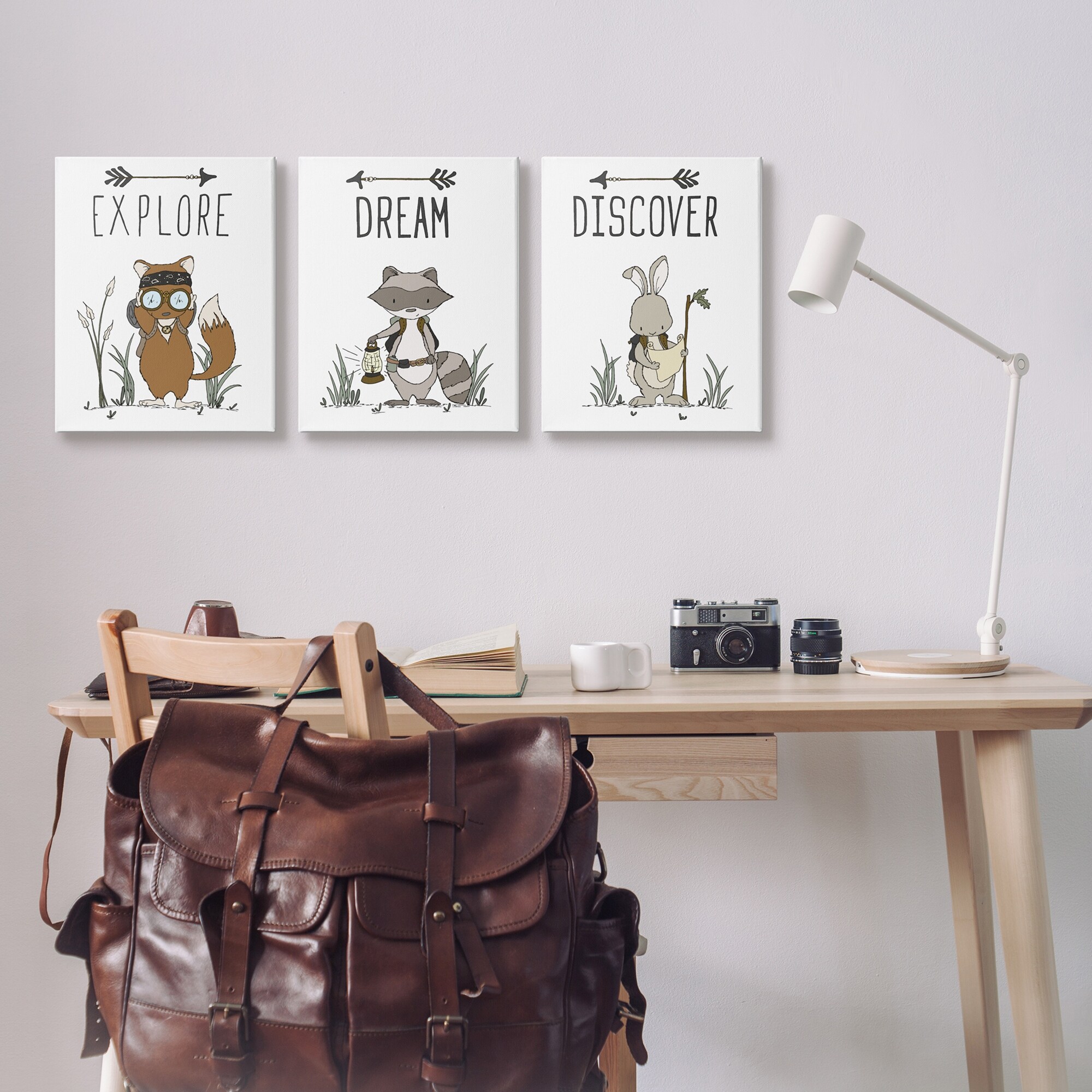 Stupell Inspirational Explore Dream Discover Kids Animal 3-Piece Canvas Wall Art-image