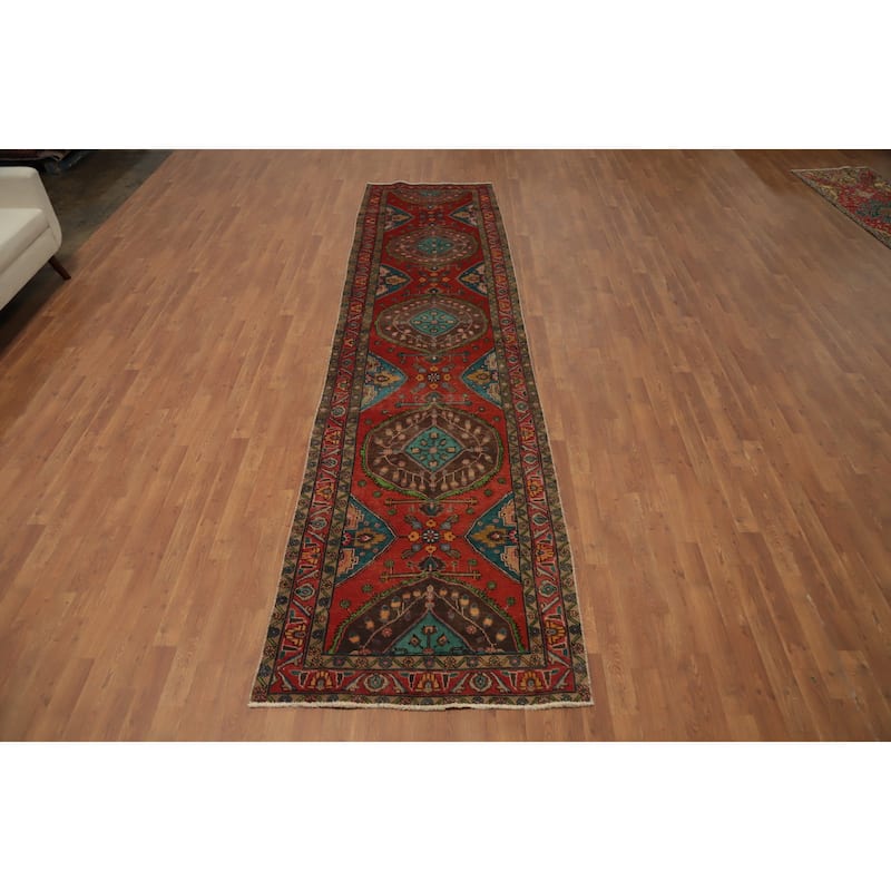 Hand Knotted Oriental 100% Wool Carpet Traditional Geometric Oranges & Rust Tabriz Runner Rug - 13' 3'' X 3' 3''