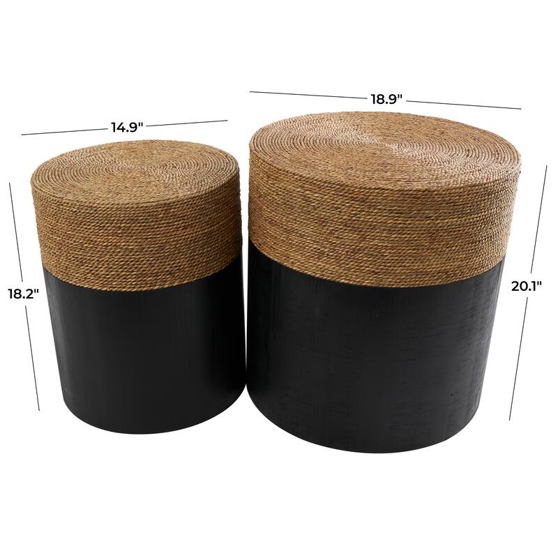 Black Wood Handmade Colorblock Wrapped Accent Table with Dried Plant Tabletops (Set of 2)