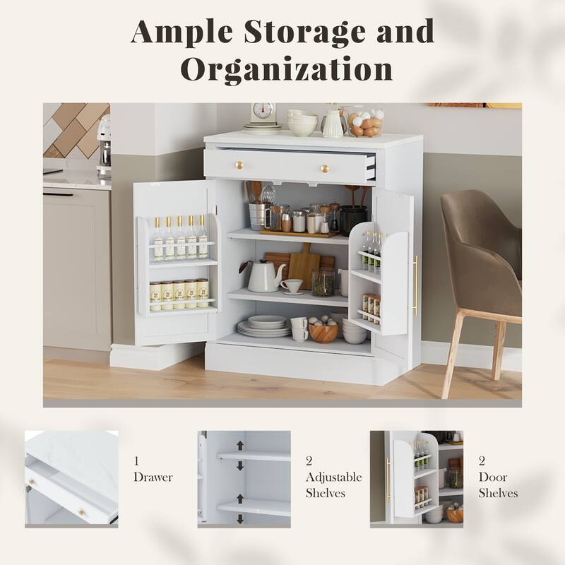 35.4" Freestanding Coffee Bar Cabinet with Drawer, 2 Adjustable Shelves, Faux Marble Countertop, White MDF Pantry
