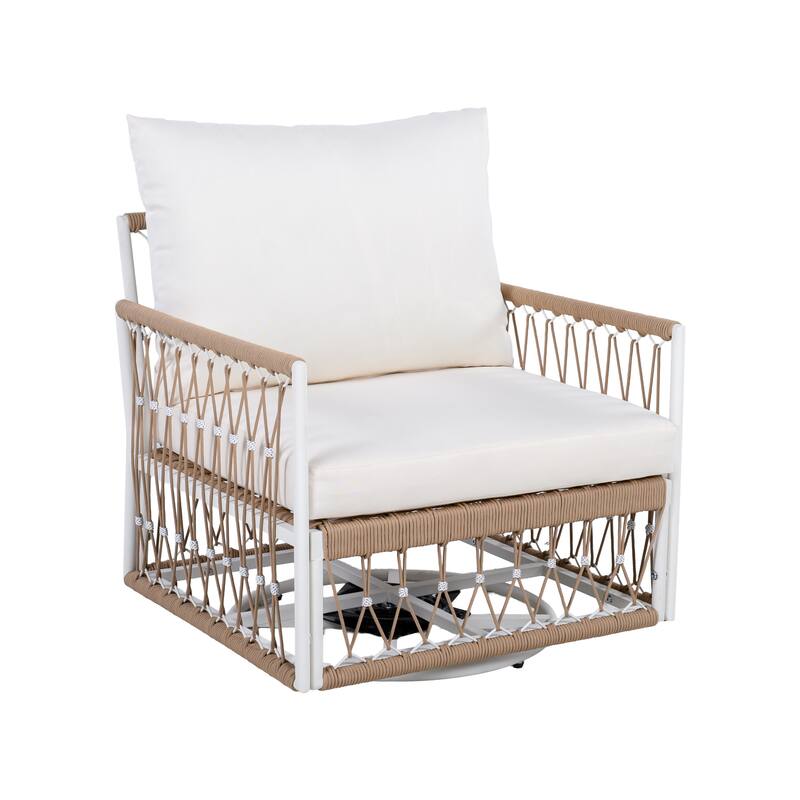Bohemian Swivel Chairs Set of 2, Patio Lounge Chairs with Cushions, Modern Woven Rope Armchairs for Backyard, Outdoor, Poolside