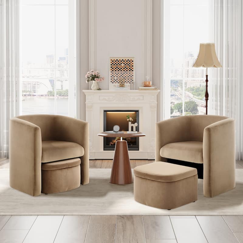 RENEWLINE Sherpa Barrel Chair & Storage Ottoman Set - Plush Compact Accent for Reading Nooks, Cloud-Like Lounge Seat - set of 2 - Khaki