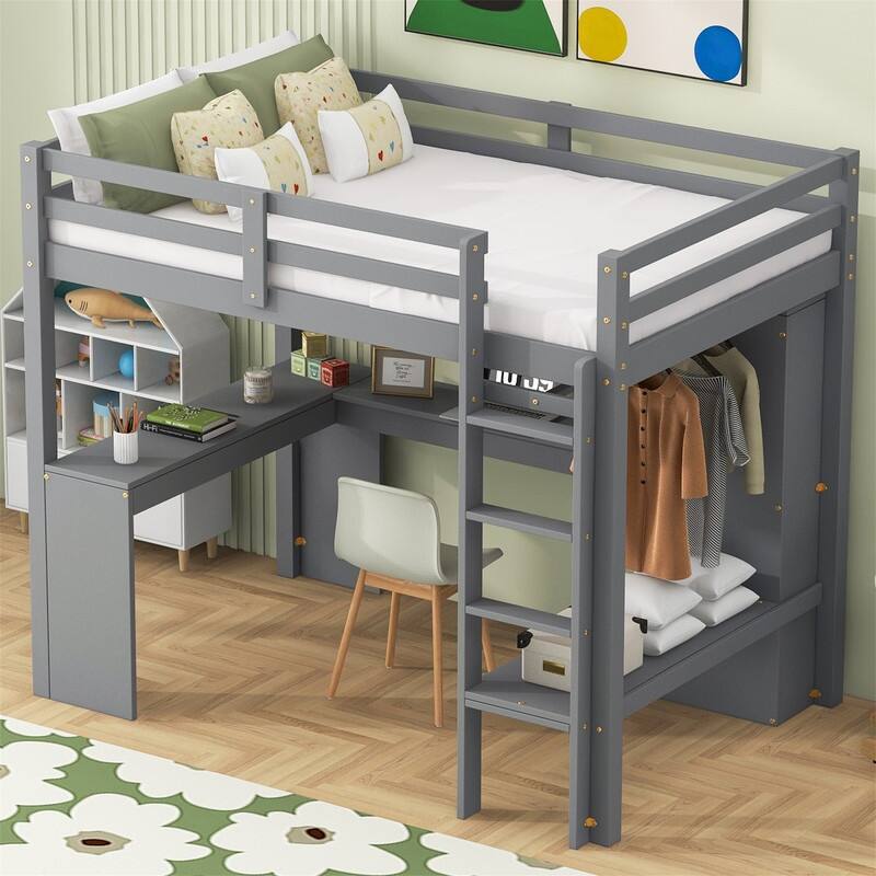 Solid Wood Loft Bed with Bulit-in L-Shaped Desk, Wardrobe and Hanging Rod, Twin/Full Size Loft Bedframe with Storage Shelves