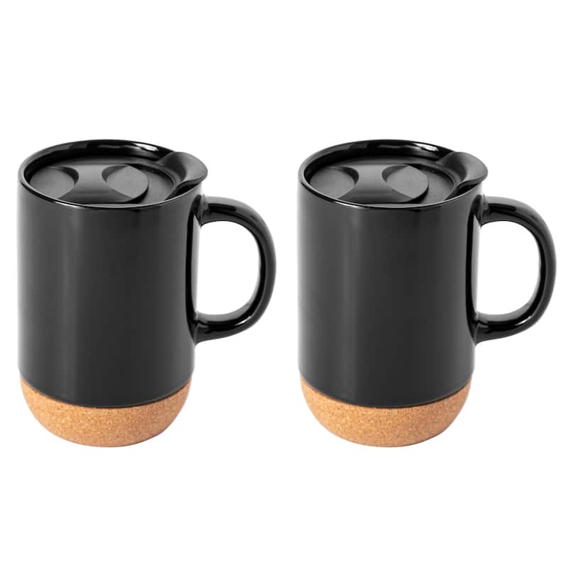 Gibson Home Modani 2 Pack Large 16.5 OZ Ceramic Mugs Set with Removable Cork Bottom and Lid