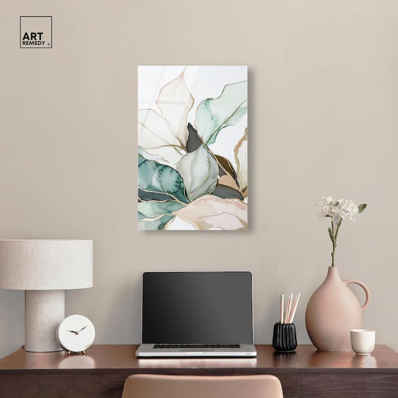 Pastel Leaves with Gold III Acrylic by Art Remedy, Ready to Hang