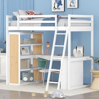 Twin Size Loft Bed with Ladder, Shelves, and Desk