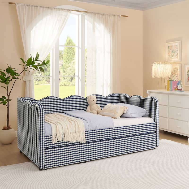 Cozy Gingham Daybed with Trundle Bed, Twin Size Upholstered Sofa Bed with USB Port, Linen Fabric Twin Sofa Bed Frame