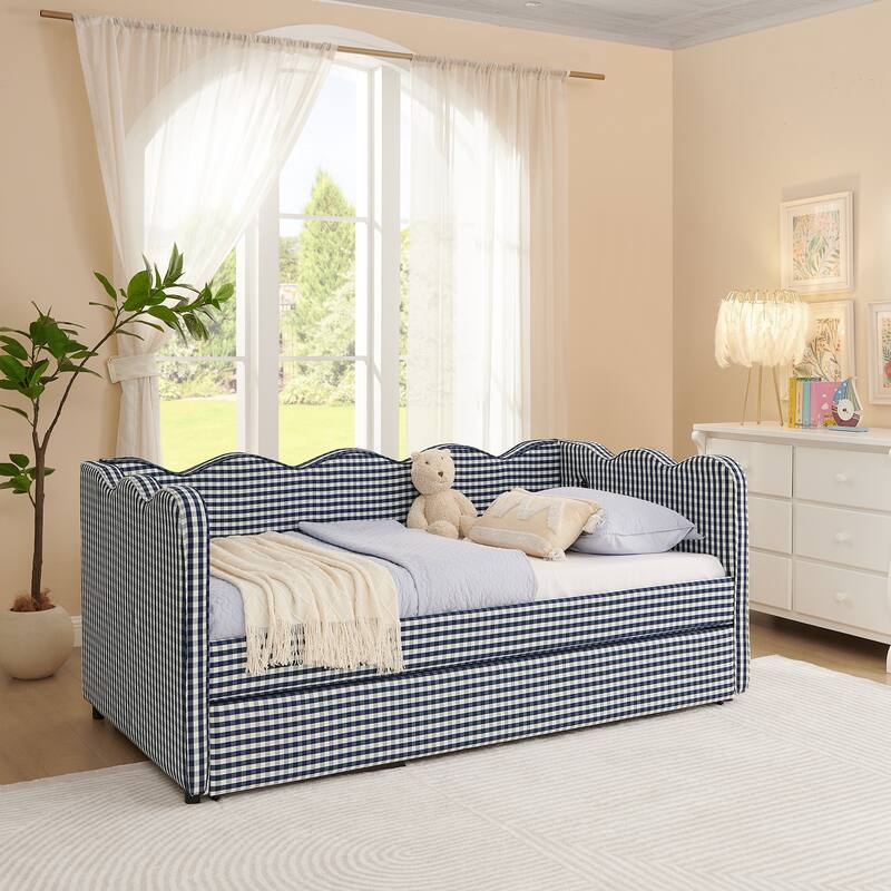 Twin Gingham Daybed with Trundle - USB Ports, Wave Design, Linen Fabric, No Box Spring