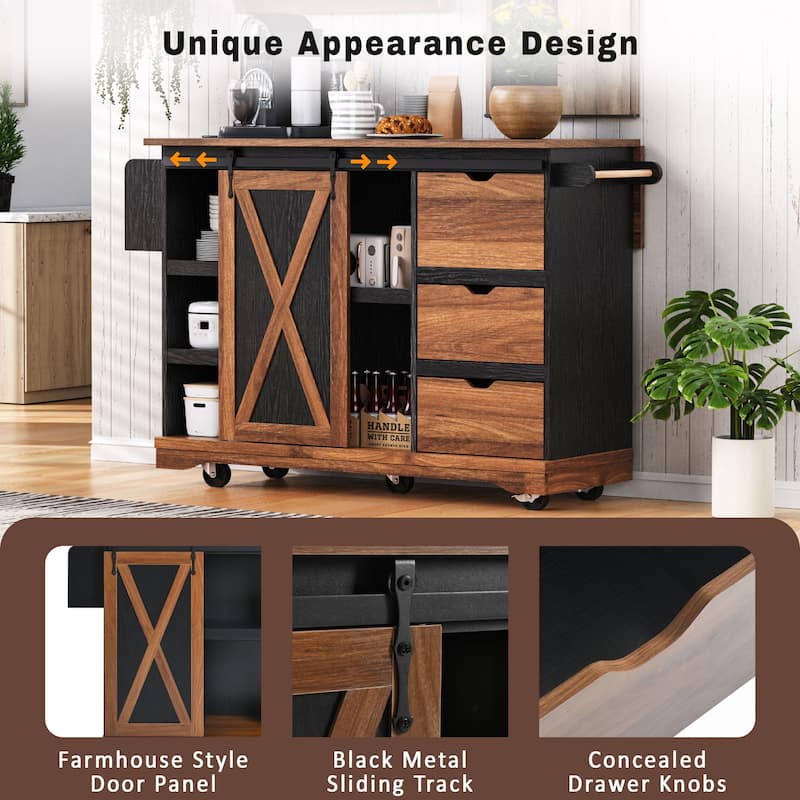 55.5" Farmhouse Kitchen Island with Drop Leaf, Power Outlet, Rolling Wheels and Spice Rack - 55.5'' x 28.75'' x 36.9''