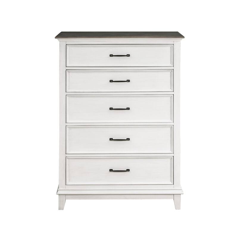 Woki 55 Inch Tall Dresser Chest, 5 Drawers, White and Brown Solid Wood