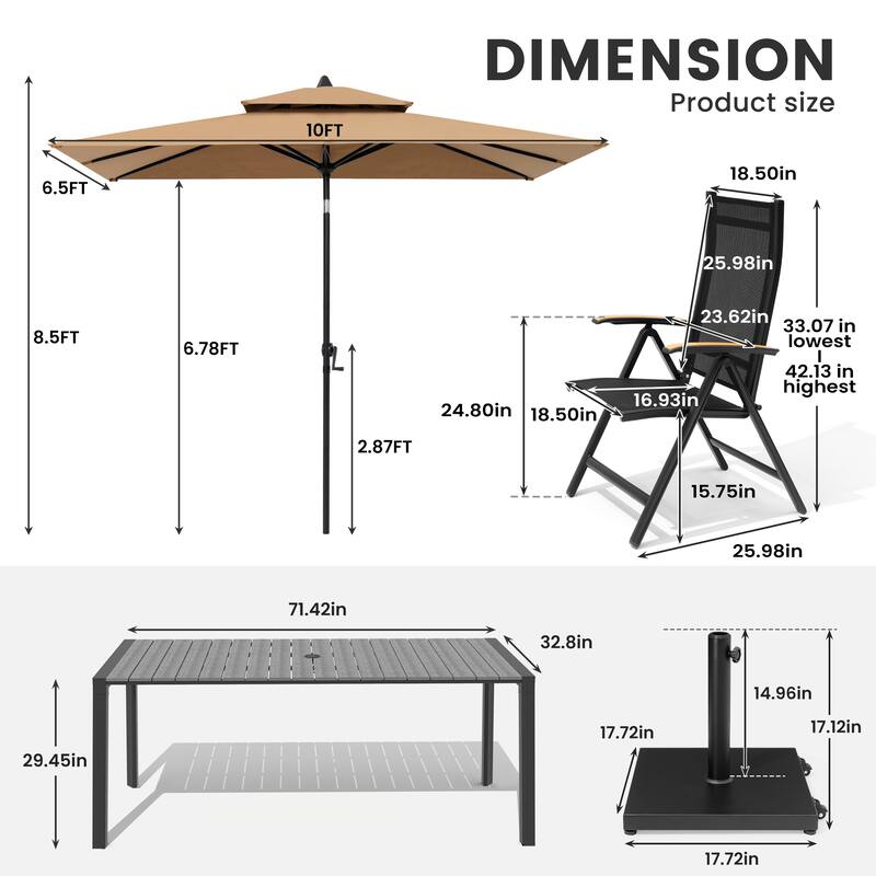 9/11-Piece Outdoor Patio Dining Set Aluminum Dining Table and Chairs w/10 ft Market Umbrella and Base with Wheels