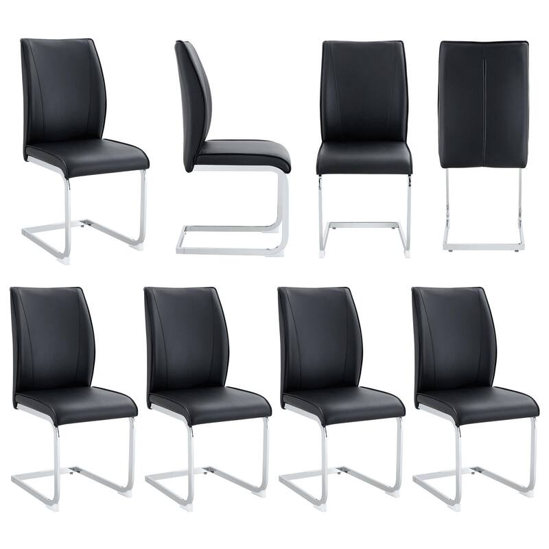 Luxury Simple Arch Chair - Set of 2 PU Material High Resilience Dining Chair with Arched Metal Leg - Black-Silver