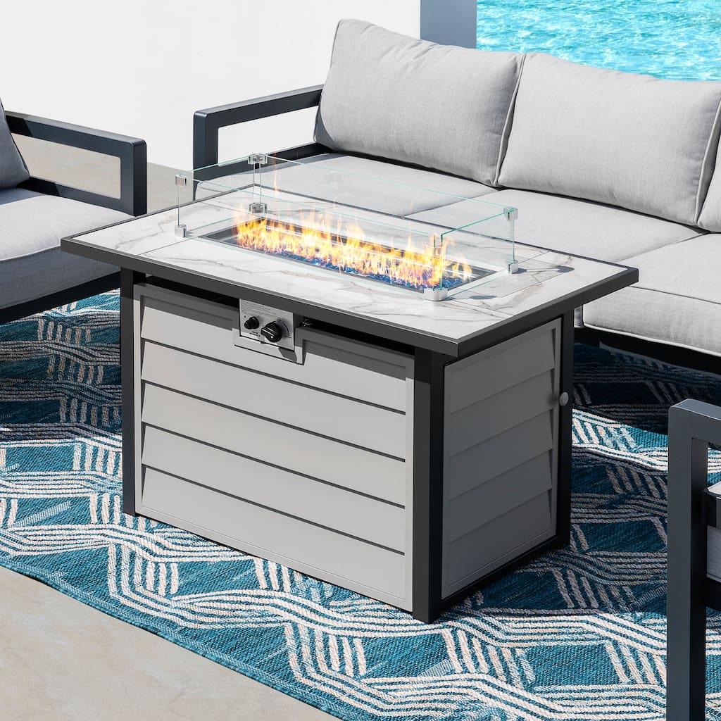 43'' Outdoor Propane Gas Fire Pit Table with Marble Texture Glass Tabletop, Ivory White