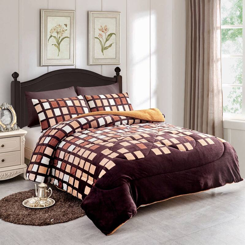 3 piece Fleece/ Sherpa Comforter Set - Brown Plaid - Queen