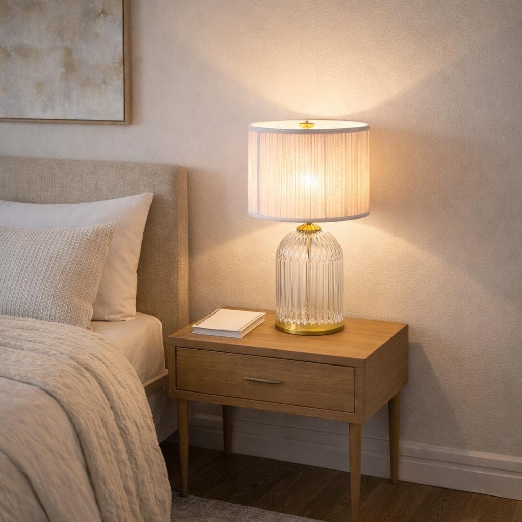 Coachella Ribbed Glass Table Lamp with Pleated Fabric Shade
