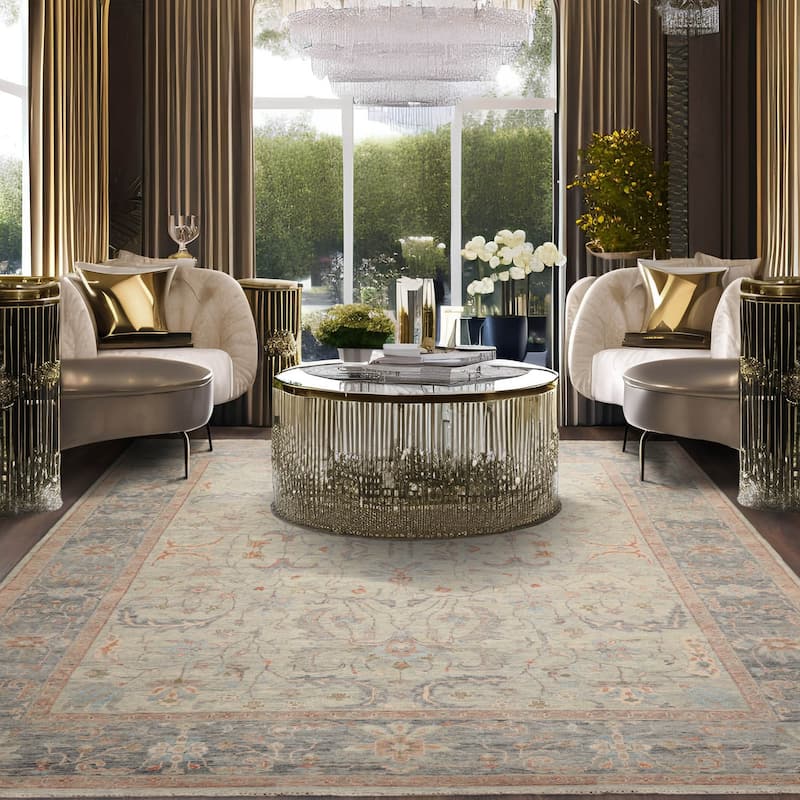 Hand Knotted Aqua, Beige Afghan Wool Traditional Oriental Area Rug - 9' x 12'