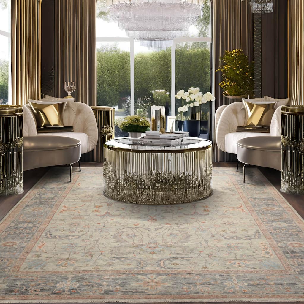 Hand Knotted Aqua, Beige Afghan Wool Traditional Oriental Area Rug - 9' x 12'