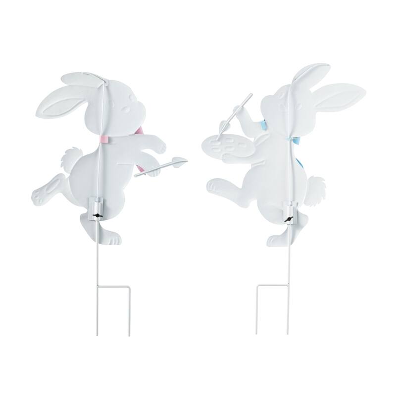 Glitzhome Set of 2 Easter Metal Bunny Painter Yard Stake