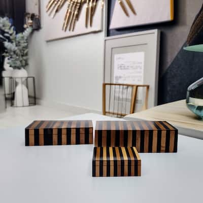 Wood Resin Storage Boxes Striped Modern Design (Set of 3) - 3/4" Brown - 12" x 8" x 3.5"