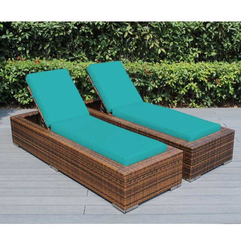 Ohana Outdoor Patio 2 Piece Mixed Brown Wicker Chaise Lounge Set - No Assembly - Sunbrella Aruba