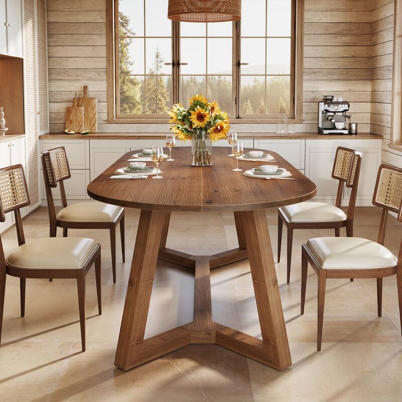 63-Inch Solid Wood Oval Dining Table, Wooden Farmhouse Kitchen Table
