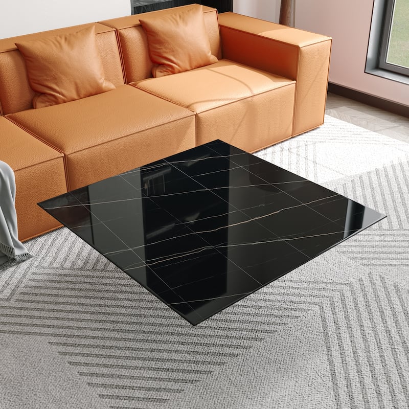 Modern Square Coffee Table, Trapezoid White Sintered Stone Coffee Table, Fully-assembled