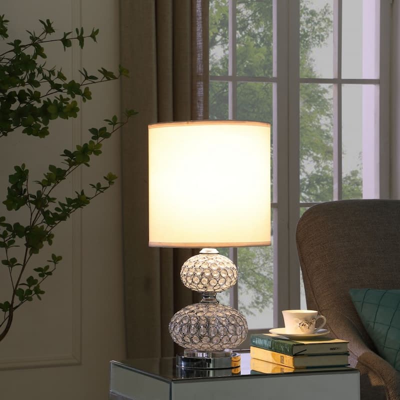 24-Inch Chrome and Crystal Table Lamp with White Drum Shade for Home - 12" x 12" x 24"