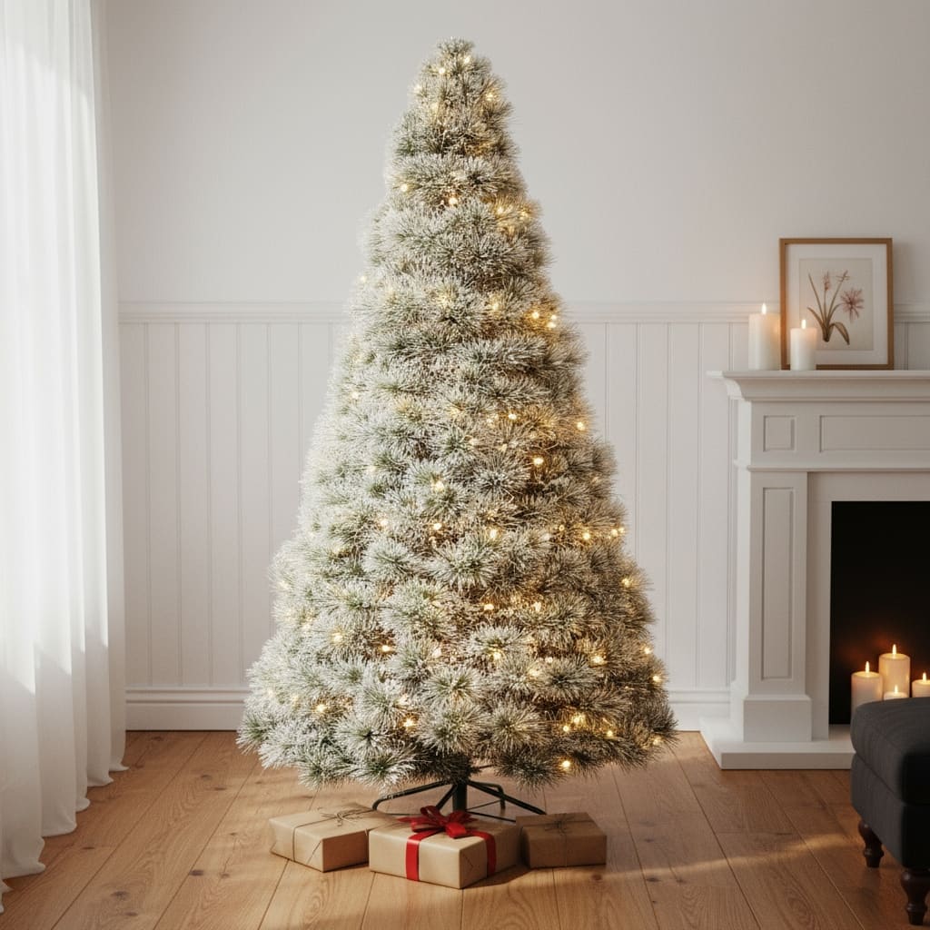 HomeRoots 7.5' White Pre Lit Full Flocked Spruce Christmas Tree - 50.00 in. x 90.00 in. x 50.00 in.