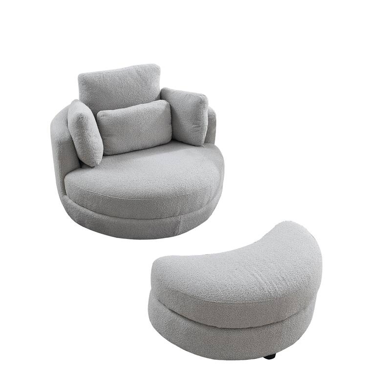 Oversized Teddy Fabric Swivel Barrel Chair with Moon Ottoman & 4 Pillows