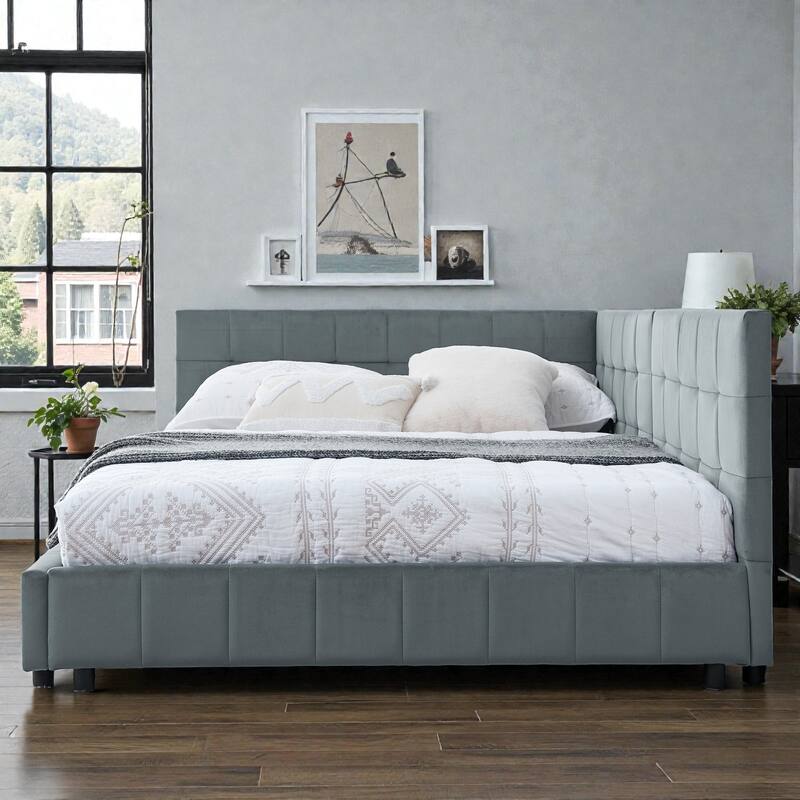 Full Size Velvet Upholstered Tufted Daybed Frame with Backrest and Armrest, Mid-Century Sofa Bed for Bedroom or Living Room