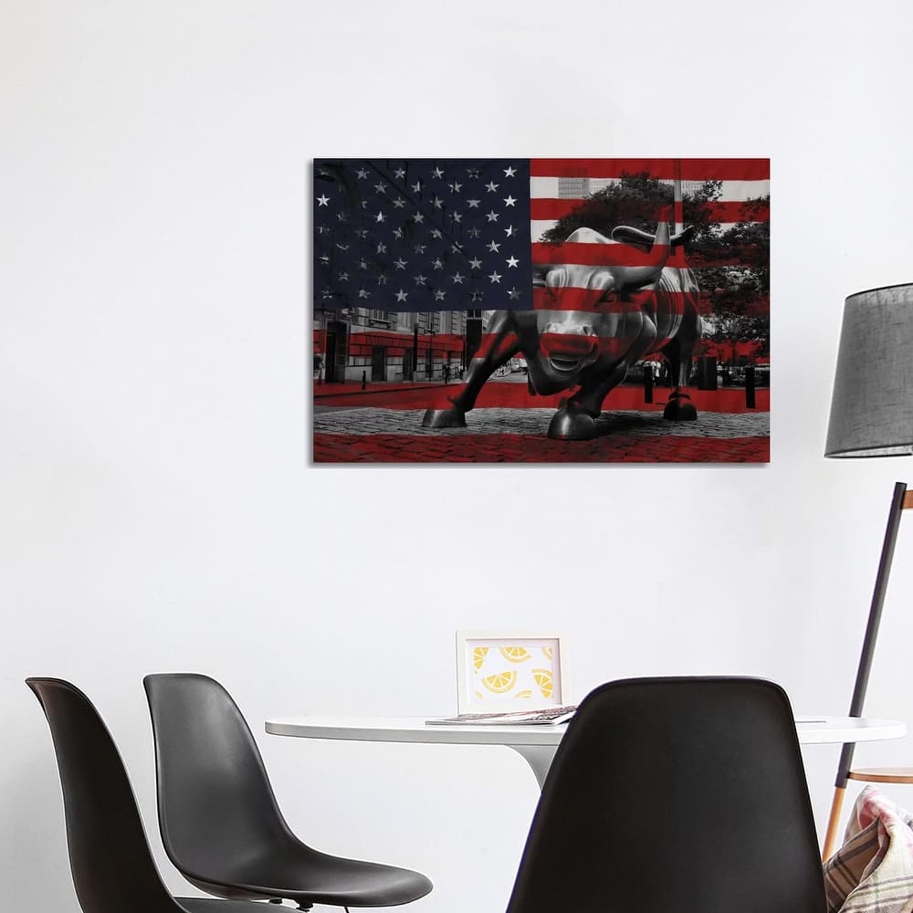 iCanvas "New York - Wall Street Charging Bull, US Flag" by iCanvas Canvas Print