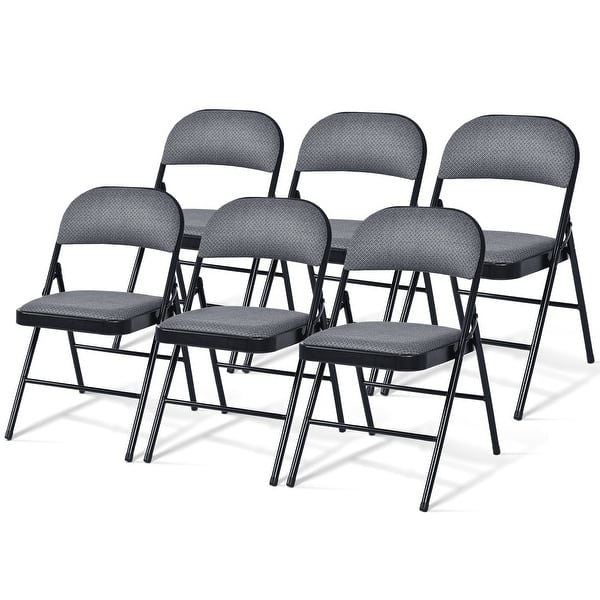 slide 2 of 10, Gymax Set of 6 Folding Chairs Fabric Upholstered Padded Seat Metal Grey