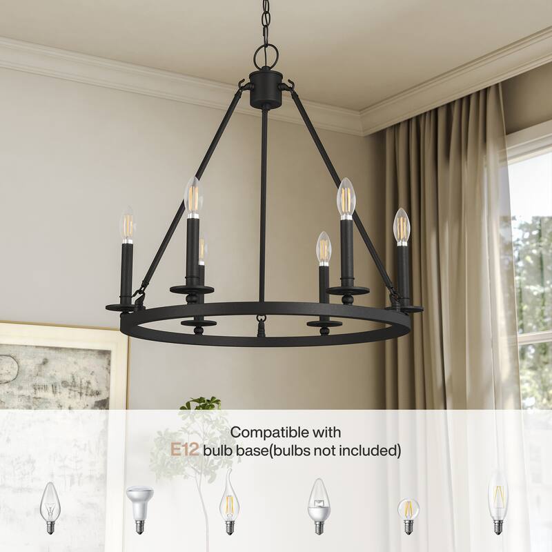 6-Light Farmhouse Black Wagon Wheel Chandelier with Adjustable Height