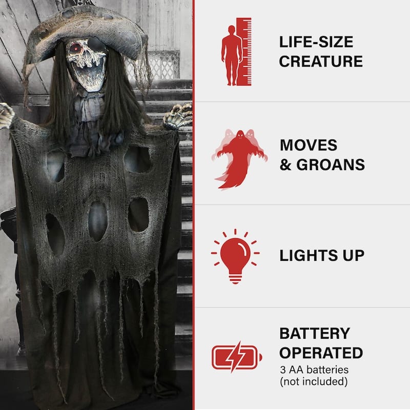 Haunted Hill Farm Captain Dreadful the Animatronic Shaking Pirate with Light-Up Eyes for Scary Halloween Decoration