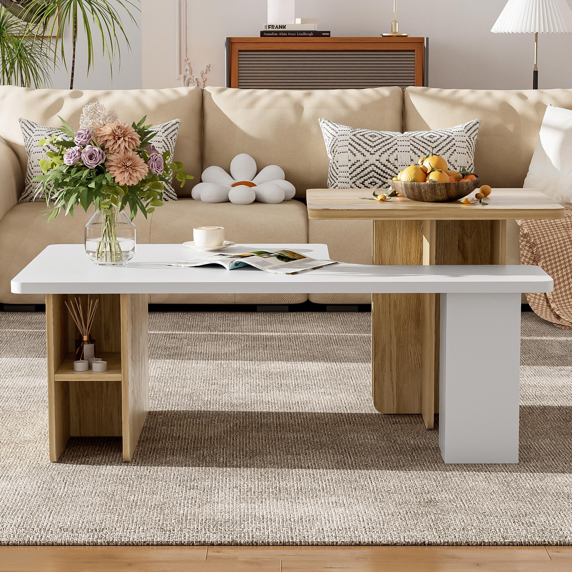 Farmhouse Nesting Coffee Table Set of 2 - Wood Finish, Rectangular