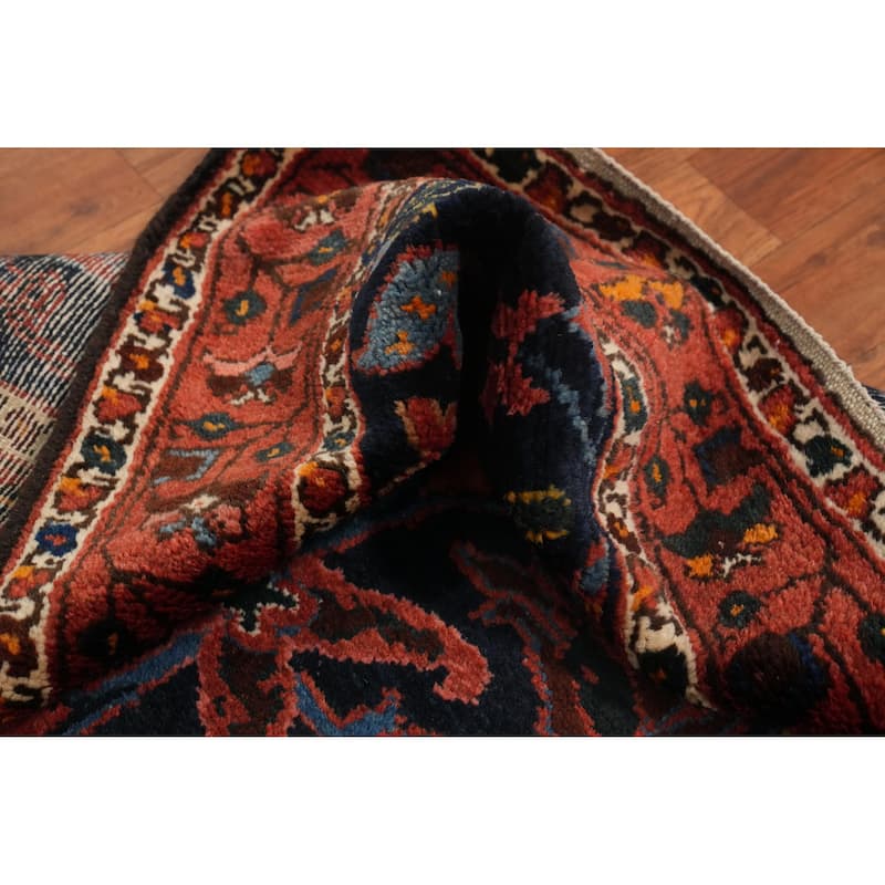 Hand Knotted Oriental 100% Wool Carpet Traditional Floral Navy Blue & Blues Bakhtiari Runner Rug - 13' 1'' X 3' 3''