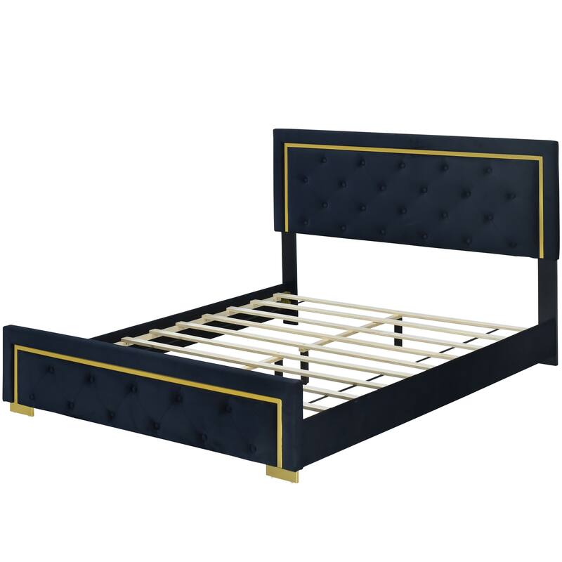 Velvet Upholstered Platform Bed With Pull Point Headboard And Metal Wire Frame