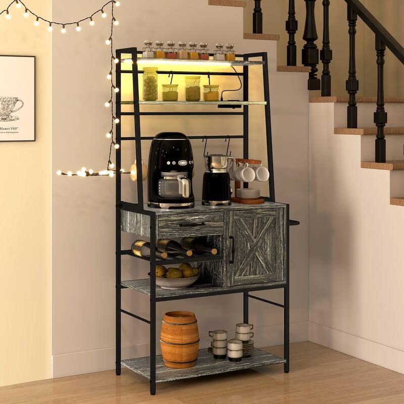 Baker's Rack with Power Outlet and LED Lights, Coffee Bar with Storage Shelves, Industrial Microwave Stand