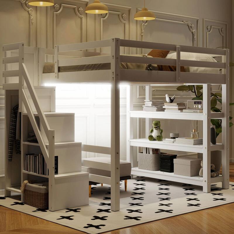 Loft Bed with Shelves, Storage Staircase, Small Wardrobe & White LED Light - White - Full