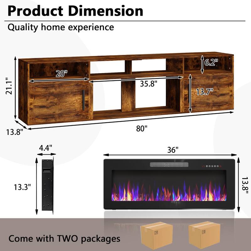 BOSSIN 80" Floating TV Stand with 36" Electric Fireplace, High Gloss Finish Wall Mounted Fireplace TV Stand with Storage