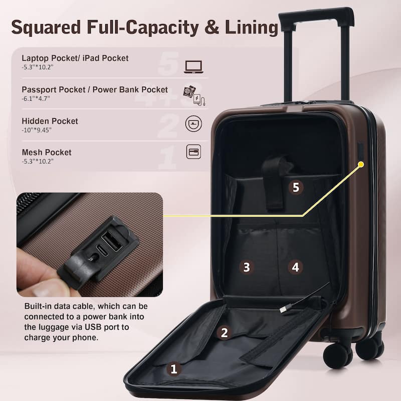 Luggage Sets 5 Piece with Front Opening, Hardside Expandable Carry On Suitcase Set with Double Spinner Wheel, with USB Port