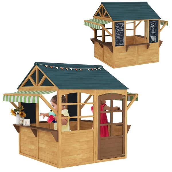 slide 2 of 8, Qaba Foldable Outdoor Playhouse, Wooden Kids Cottage with Windows, Working Door, Snack Bars, for Kids 3-8 Years natrual