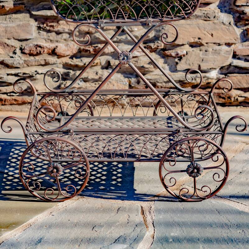 Two Tier Iron Flower Push Cart in Antique Bronze "Odesa 1794" - 21.65x33.85x36.61