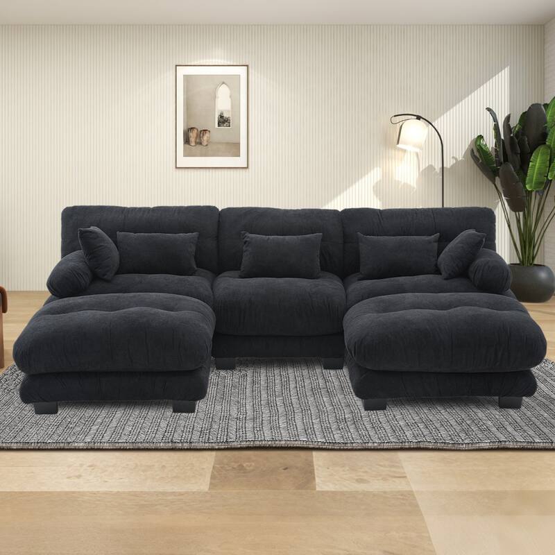 GALDWIN Velvet Upholstered 3-Seater Comfy U-shaped Cloud Tufted Free Combined Sectional Sofa with 2 Ottomans - Black