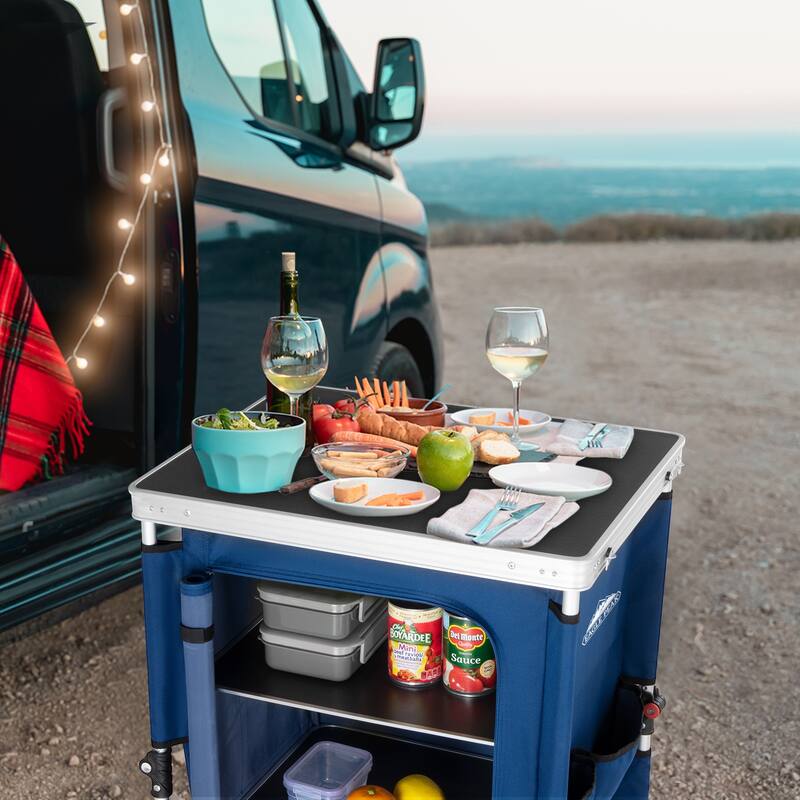 EAGLE PEAK Outdoor Folding Camping Table Easy Set Up Portable Aluminum Camping Kitchen, Beige